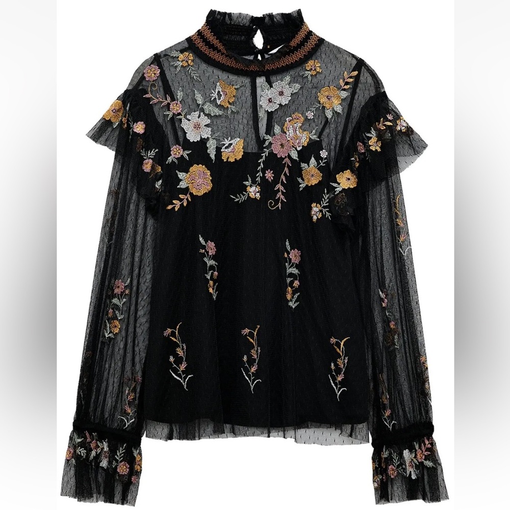 Zara woman’s black Embroidered tulle blouse top